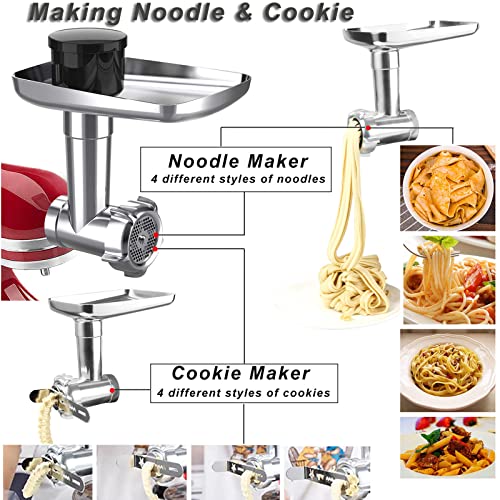  Metal Food Grinder & Pasta Maker Attachment For KitchenAid Stand Mixers, COKBEST 5 In 1 Attachment Included Grinding Meat, Making Sausage,Meatballs,Noodles,Cookies(Silver)