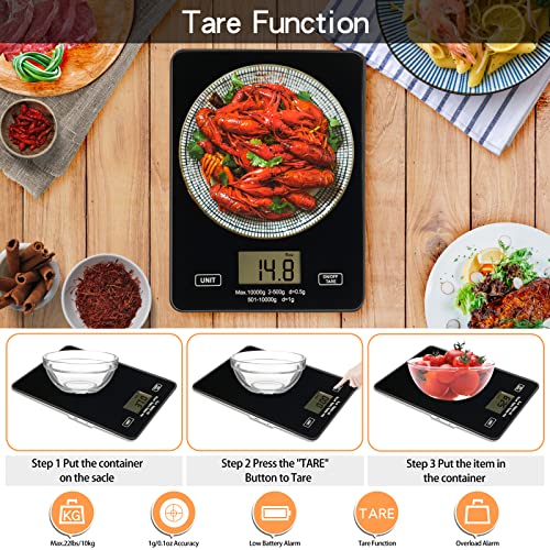  Kitchen Scale Digital Food Scale 10kg/22lb-USB Charging With Waterproof Tempered Glass Platform,for Weight Loss Cooking And Coffee With LCD Display High Accuracy (Black)