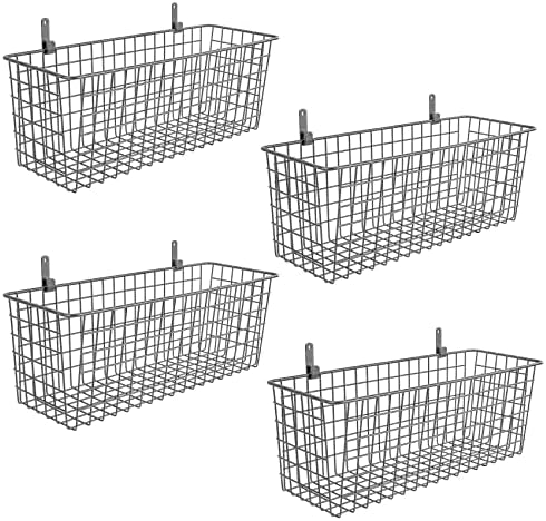  4 Set [Extra Large] Hanging Wall Basket For Storage, Wall Mount Sturdy Steel Wire Baskets, Metal Hang Cabinet Bin Wall Shelves, Rustic Farmhouse Decor, Kitchen Bathroom Organizer, Black