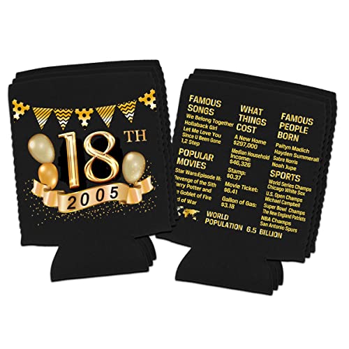  Tartness 18th Birthday Can Cooler Sleeves Pack Of 12-18th Anniversary Decorations- 2005 Decorate Sign - 18th Birthday Party Supplies - Black And Gold The Eighteenth Birthday Cup Coolers