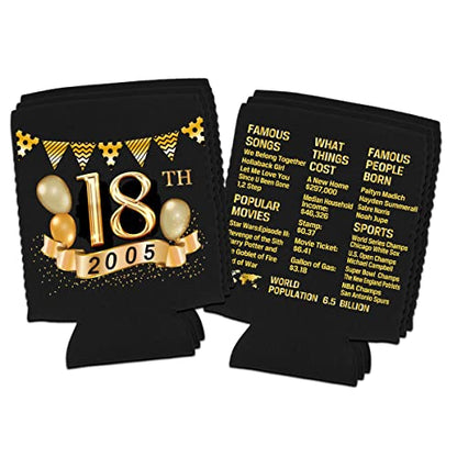  Tartness 18th Birthday Can Cooler Sleeves Pack Of 12-18th Anniversary Decorations- 2005 Decorate Sign - 18th Birthday Party Supplies - Black And Gold The Eighteenth Birthday Cup Coolers