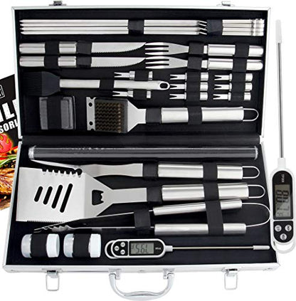  28pc BBQ Accessories Set With Thermometer - The Very Best Grill Gift On Birthday Wedding - Heavy Duty Stainless Steel Grill Set In Case For Outdoor Cooking Camping Grilling Smoking