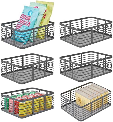  Steel Metal Wire Kitchen Food Storage Organizer Bin Basket For Pantry Organization - Wired Farmhouse Basket With Handle For Shelves - Carson Collection - 6 Pack, Matte Black