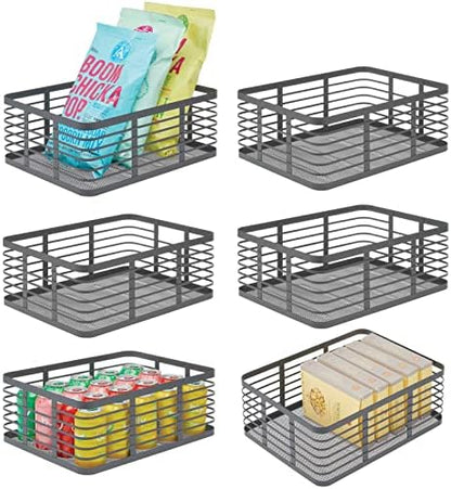  Steel Metal Wire Kitchen Food Storage Organizer Bin Basket For Pantry Organization - Wired Farmhouse Basket With Handle For Shelves - Carson Collection - 6 Pack, Matte Black