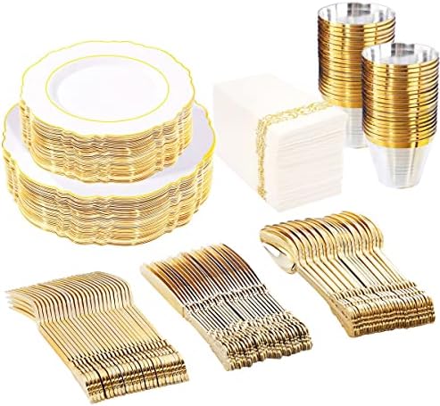  50 Guest Gold Plastic Plates With Disposable Cutlery& Gold Plastic Cups-Square Plastic Plates-Gold Plastic Utensils Set And Napkins For Wedding& Parties