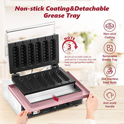  Commercial Waffle Corn Dog Maker, 0-300℃ Non-Stick Waffle Stick Maker Hot Dog Presser Maker With Removable Tray(6 PCS, Recipe Included), 110V