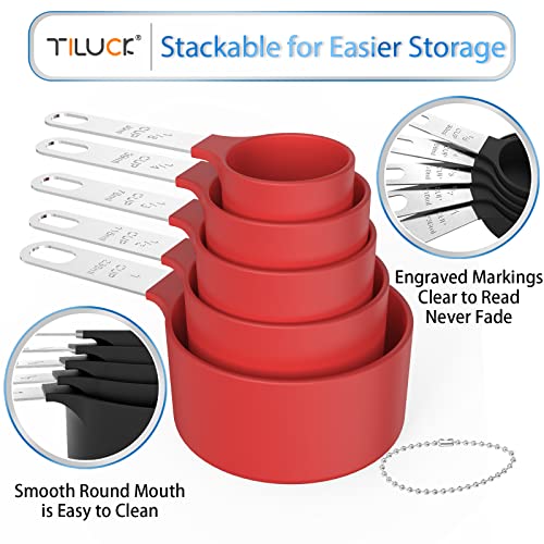  Measuring Cups & Spoons Set, Stackable Cups And Spoons, Nesting Measure Cups With Stainless Steel Handle, Kitchen Gadgets For Cooking & Baking (5+5, Red)
