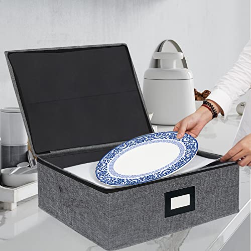  Platter Storage Case - Stackable China Storage Containers Hard Shell With Durable Zipper & Label & Sturdy Handles, 5.3” Height, Structured Top, 4 Felt Dividers Included (Dark Gray)