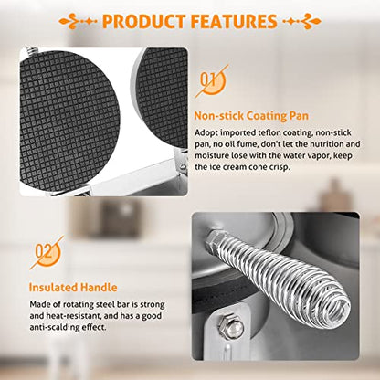  Ice Cream Cone Maker Commercial Waffle Cone Maker Machine Stainless Steel Electric Cone Waffle Maker Non-Stick Double Head Egg Roll Mold For Restaurant Home Use, 110V 2400W