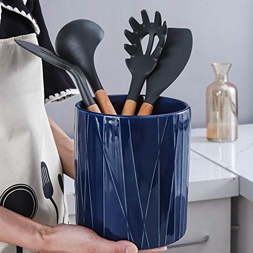  KOOV Kitchen Utensil Holder, Large Ceramic Utensil Crock, Deep And Stable, Utensils Caddy Irregular Striped Series (Aegean)