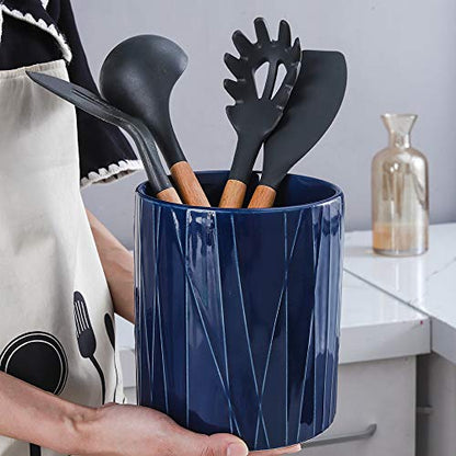  KOOV Kitchen Utensil Holder, Large Ceramic Utensil Crock, Deep And Stable, Utensils Caddy Irregular Striped Series (Aegean)