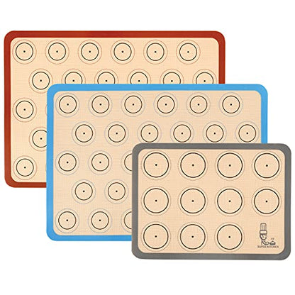  Baking Mat Macaron - Set Of 3 (2 Half Sheet Liners And 1 Quarter Sheet), Non Stick Silicon Cookie Oven Liner For Macaroons, Bake Pans, Pizza, Toaster, Cake And Bread Making (Red,Blue,Gray)