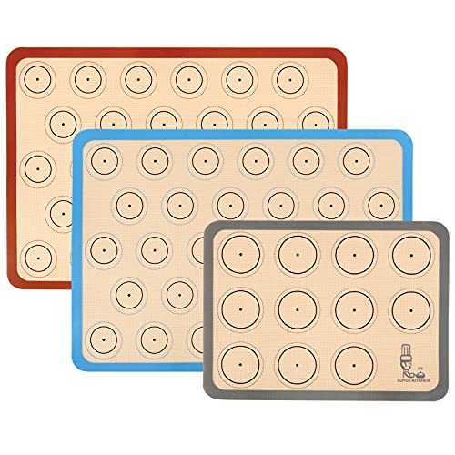 Baking Mat Macaron - Set Of 3 (2 Half Sheet Liners And 1 Quarter Sheet), Non Stick Silicon Cookie Oven Liner For Macaroons, Bake Pans, Pizza, Toaster, Cake And Bread Making (Red,Blue,Gray)