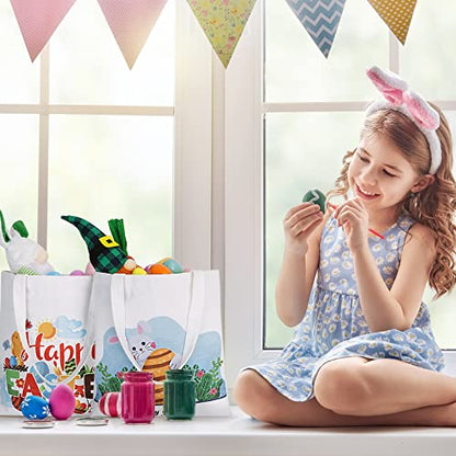  AKEROCK Easter Bags, Large Easter Canvas Bags With Handles, Reusable Tote Bags For Kids Egg Hunt - 3 PCS