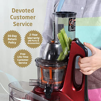  Rtical Grind Cold Press Juicer, Anti-Oxidation Wide Chute Slow Grinding Juicer With 60 RPM 240W AC Motor & Large 3” Mouth The Ultimate Fruit And Vegetable Juice Extractor (Red)