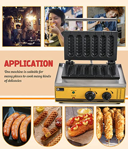  Commercial/Home Electric Corn Hot Dog Machine Non-stick French Muffin Waffle Irons 6Pcs Waffle Stick Maker Stainless Steel Temperature Range 50-300 ℃ Timer 0-5 Min 1550W 110V