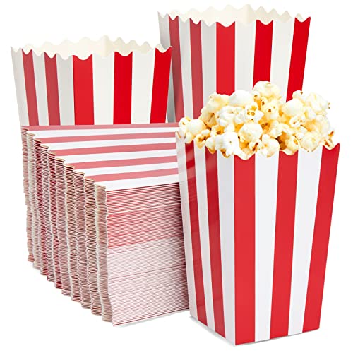  Set Of 100 Mini Popcorn Favor Boxes - 3x5 Snack Containers For Carnival Party Supplies, Movie Night, Birthdays, Red And White, 20 Ounce, 3.3 X 5.6 Inches