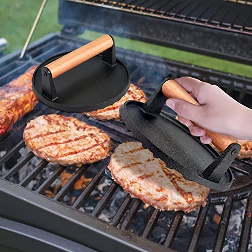  Cast Iron Burger Press, 7 Inch Round Heavy Duty Bacon Meat Steak Grill Press With Wooden Handle, Heat Proof, Rust Resistance, Griddle Accessorie Burger Smasher For BBQ Flat Top Teppanyaki