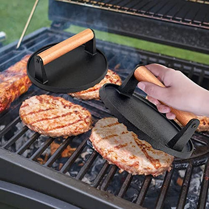  Cast Iron Burger Press, 7 Inch Round Heavy Duty Bacon Meat Steak Grill Press With Wooden Handle, Heat Proof, Rust Resistance, Griddle Accessorie Burger Smasher For BBQ Flat Top Teppanyaki