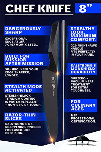 Chef Knife - 8 Inch - Shadow Black Series - Black Titanium Nitride Coated - Razor Sharp Kitchen Knife - High Carbon 7CR17MOV-X Vacuum Treated Steel - Sheath - NSF Certified