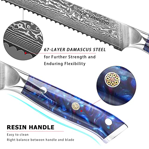  8” Bread Knife Serrated Blade- Damascus Steel & Resin Handle - Xuan Series(Sapphire Blue)