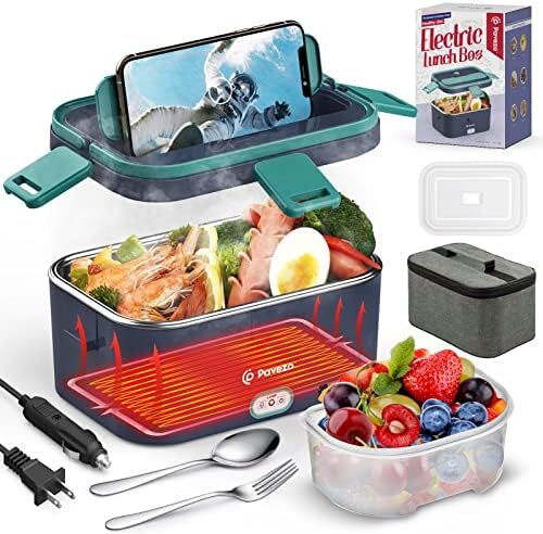  Electric Lunch Box [Faster-75W, Large-1.8L] Food Heated Lunch Box, 12V/24V/110V Food Warmer Lunch Box For Car Truck Home, With Airtight Lid, SS Container, Fork Spoon, Carry Bag