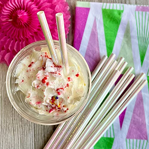  Iridescent Foil Paper Straws - White Pearl - Wedding Valentine Holiday Supply - 7.75 Inches - 100 Pack
