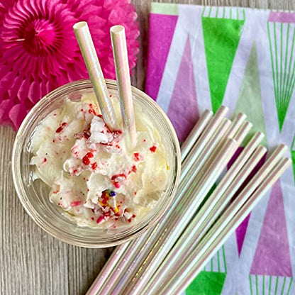  Iridescent Foil Paper Straws - White Pearl - Wedding Valentine Holiday Supply - 7.75 Inches - 100 Pack