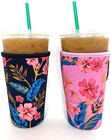  Axendale And Co Reusable Neoprene Insulator Sleeves For Large Sized Iced Coffee And Cold Drink Cups (2 PK Large 32oz, Black Smooth)