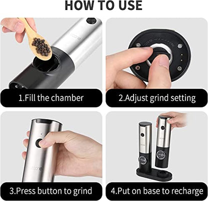  Electric Salt And Pepper Grinder, Lecone Set Of 2 Automatic USB Rechargeable With LED Light Charging Base Adjustable Easy To Refill For Spice Restaurant Kitchen BBQ