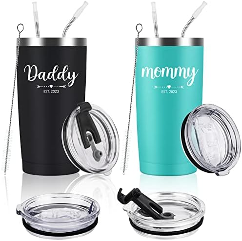  Daddy And Mommy Est 2023 Travel Tumbler, New Parents Insulated Tumblers 20Oz, Mom Dad Gift For Mother's Day, Father's Day, Christmas, New Pregnancy, Birthday, Baby Shower (Black Aqua Blue)