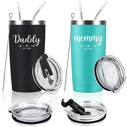  Daddy And Mommy Est 2023 Travel Tumbler, New Parents Insulated Tumblers 20Oz, Mom Dad Gift For Mother's Day, Father's Day, Christmas, New Pregnancy, Birthday, Baby Shower (Black Aqua Blue)