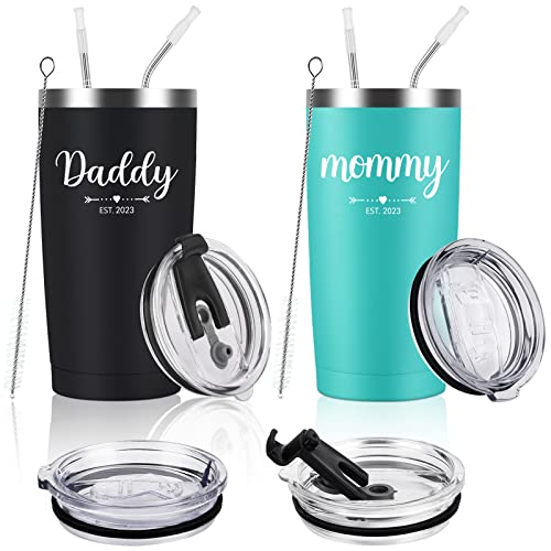  Daddy And Mommy Est 2023 Travel Tumbler, New Parents Insulated Tumblers 20Oz, Mom Dad Gift For Mother's Day, Father's Day, Christmas, New Pregnancy, Birthday, Baby Shower (Black Aqua Blue)