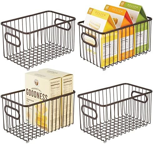  MDesign Metal Farmhouse Kitchen Pantry Food Storage Organizer Basket Bin - Wire Grid Design - For Cabinets, Cupboards, Shelves, Countertops, Closets, Bedroom, Bathroom - 10" Long, 4 Pack - Bronze