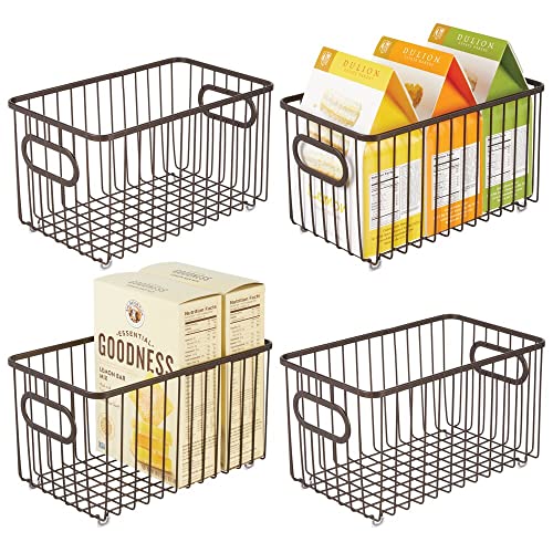  MDesign Metal Farmhouse Kitchen Pantry Food Storage Organizer Basket Bin - Wire Grid Design - For Cabinets, Cupboards, Shelves, Countertops, Closets, Bedroom, Bathroom - 10" Long, 4 Pack - Bronze