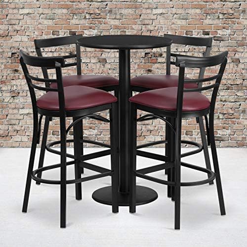  Jamie 24'' Round Walnut Laminate Table Set With Round Base And 4 Two-Slat Ladder Back Metal Barstools - Black Vinyl Seat
