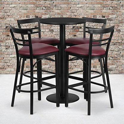  Jamie 24'' Round Walnut Laminate Table Set With Round Base And 4 Two-Slat Ladder Back Metal Barstools - Black Vinyl Seat