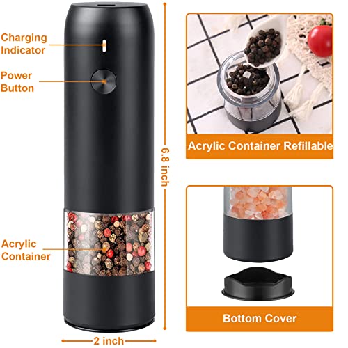  Electric Pepper Grinder Mill, USB Rechargeable Salt And Pepper Grinder With Ceramic Grind And LED Light, Adjustable Coarseness And Refillable Glass, No Battery Needed - Black
