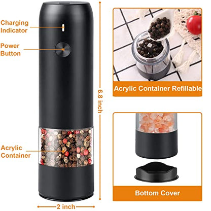  Electric Pepper Grinder Mill, USB Rechargeable Salt And Pepper Grinder With Ceramic Grind And LED Light, Adjustable Coarseness And Refillable Glass, No Battery Needed - Black