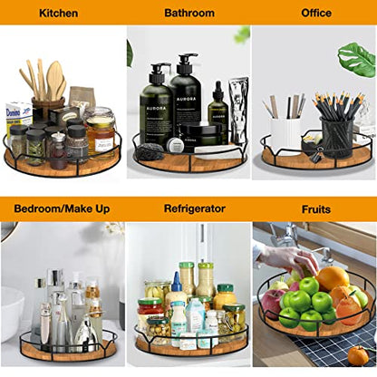 Lazy Susan Turntable Organizer For Cabinet Pantry Kitchen Countertop Refrigerator Cupboard, Pine Wood, 9", Carbonized Black