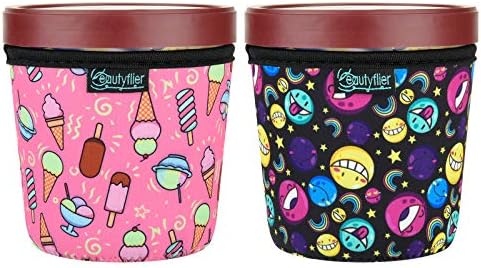  2-Pieces Pint Sized Ice Cream Cozy Thicken Neoprene Ice Cream Sleeves With Elastic Handle Cover (Cartoons)