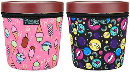  2-Pieces Pint Sized Ice Cream Cozy Thicken Neoprene Ice Cream Sleeves With Elastic Handle Cover (Cartoons)