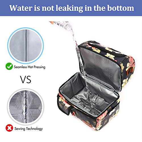  Lunch Bag Women Double Deck Insulated Lunch Box Large Cooler Tote Bag With Removable Shoulder Strap Wide Open Thermal Meal Prep Lunch Organizer Box For Adults Work/Outdoor, Black Peony