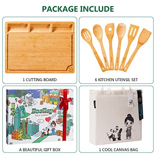  Extra Large Bamboo Cutting Board-Wood Cutting Board Set For Kitchen Chopping Board For Meat (Butcher Block) W/Juice Groove & Compartment & Handles W/6 Utensils &1 Canvas Bag L17"X13"