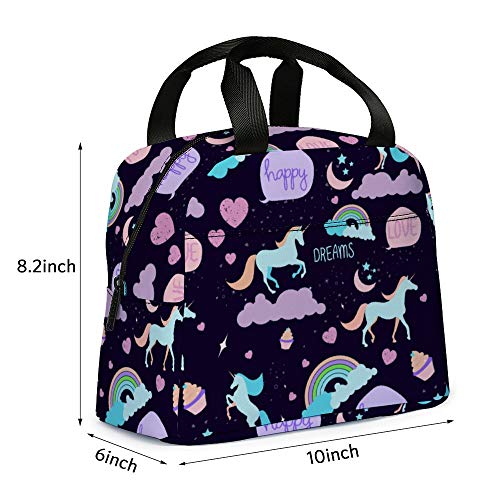  Unicorn Lunch Bag For Girls, Reusable Cute Unicorn Lunch Box Insulated Lunch Tote Bag With Front Pocket For School Kids Teen Girls (Dark Purple)