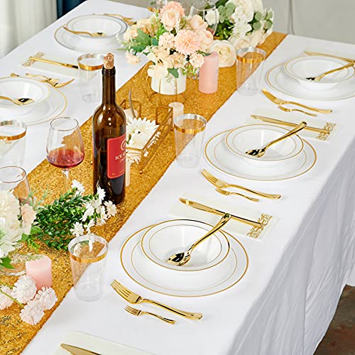  50PCS Plastic Bowls With Gold Rim-12oz Disposable Soup Bowls, Christmas Thanksgiving Premium Dessert Salad Bowls For Wedding/Party