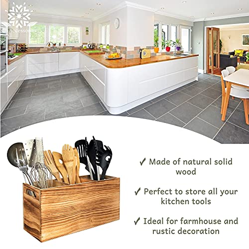  Utensil Holder In Rustic Wood For Farmhouse Kitchen Decor, Countertop Organizer And Cooking Tools Storage (Triple)