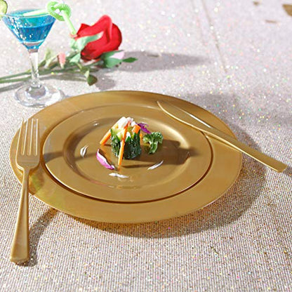  102 Pieces Solid Gold Disposable Plates, Gold Plastic Plates, Premium Plastic Party Plates Includes: 51 Dinner Plates 10.25 Inch And 51 Salad/Dessert Plates 7.5 Inch