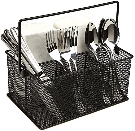  Storage Basket Organizer, Utensil Holder, Forks, Spoons, Knives, Napkins, Perfect For Desk Supplies, Pencil, Pens, Staples, Black, 4 Compartments