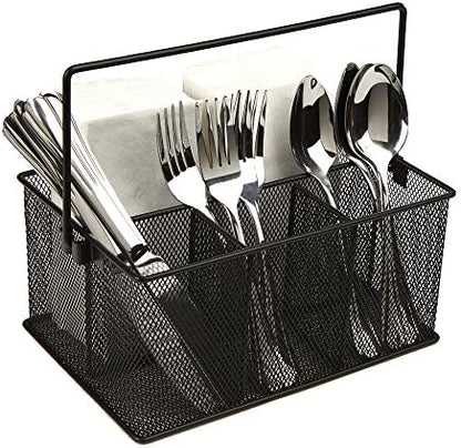  Storage Basket Organizer, Utensil Holder, Forks, Spoons, Knives, Napkins, Perfect For Desk Supplies, Pencil, Pens, Staples, Black, 4 Compartments